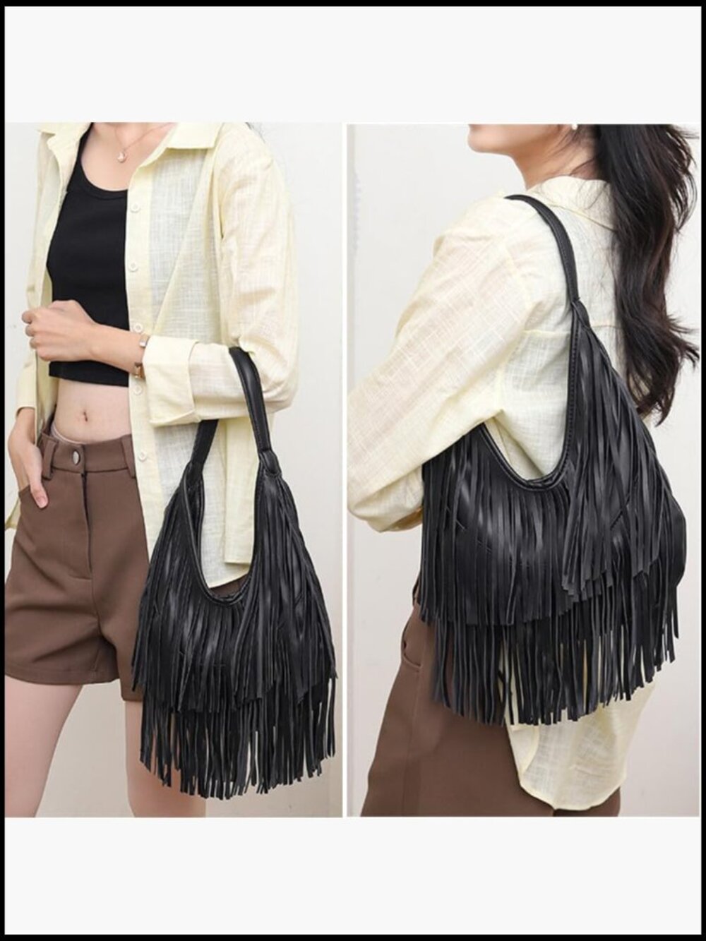Faux Leather Fringe Hobo Shoulder Bag Slouchy Purse Vintage Chic Y2K - Picture 2 of 7